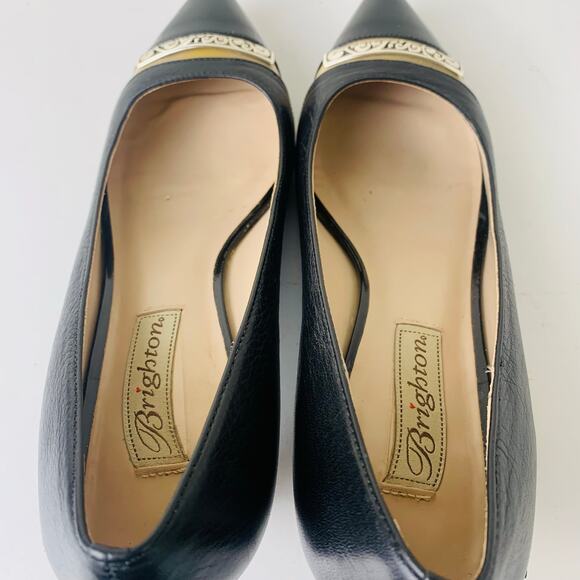 Brighton Black Leather Pointed Toe Pumps Kitten Heels Gold Trim Size 7.5 - Picture 4 of 15